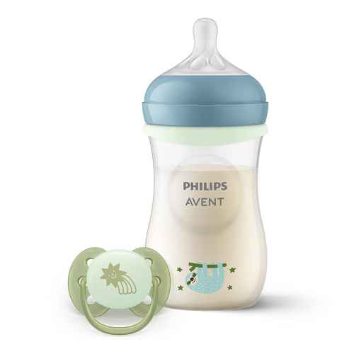 Комплект Philips Avent шише Natural Response 3.0 с биберон среден поток, 260 мл + залъгалка Ultra Soft (0-6), светещи