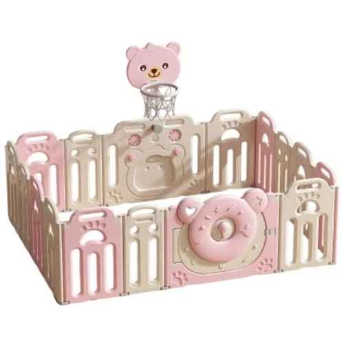 Сгъваема бебешка ограда за игра с баскетболен кош Feelkids, Розово мече