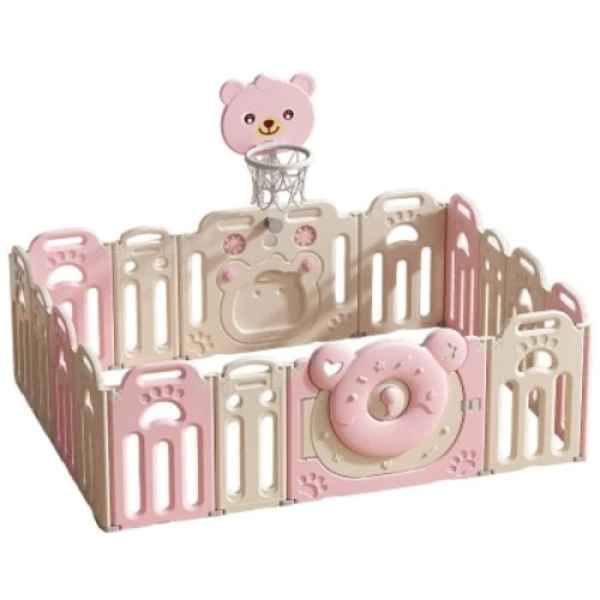 Сгъваема бебешка ограда за игра с баскетболен кош Feelkids, Розово мече-xXDmt.jpeg