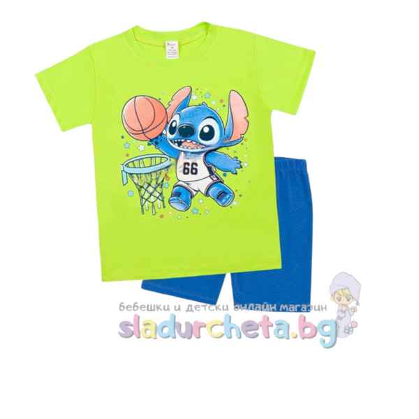 Комплект от 2 части Светли - тениска и къс панталон, Стич неон зелено/синьо-yaAH2.jpeg